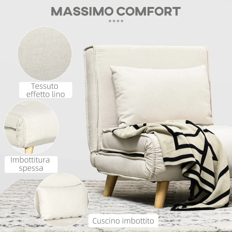 HOMCOM Poltrona Letto 2 in 1 con Schienale Regolabile e Cuscino, in Tessuto Effetto Lino, 72x78x79cm