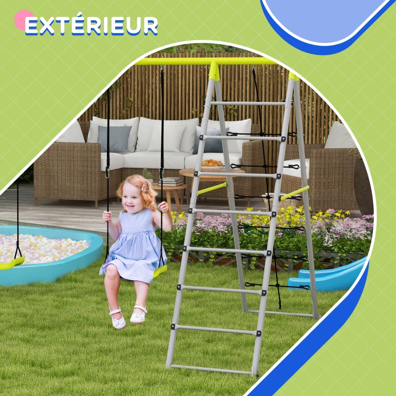 Outsunny 4 en 1 balançoire portique pour enfant avec 2 siège de balançoire échelle grimpeuse et filet d'escalade vert
