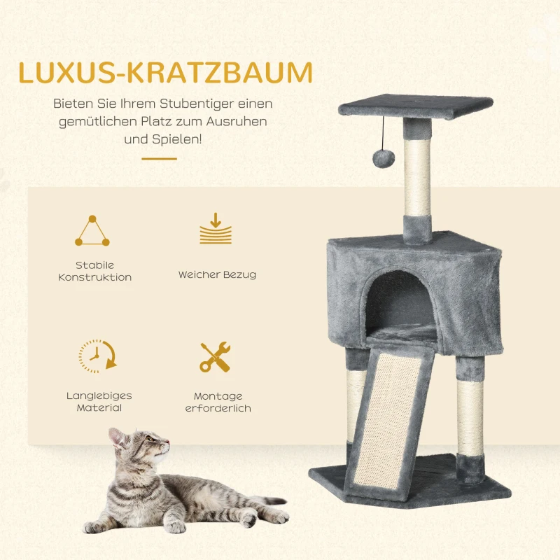 PawHut Katzenbaum, 3-Stock Kratzbaum, Katzenhöhle, Sisalsäulen, Kratzbrett, Katzenhaus, Plüsch Grau 40 x 40 x 98 cm