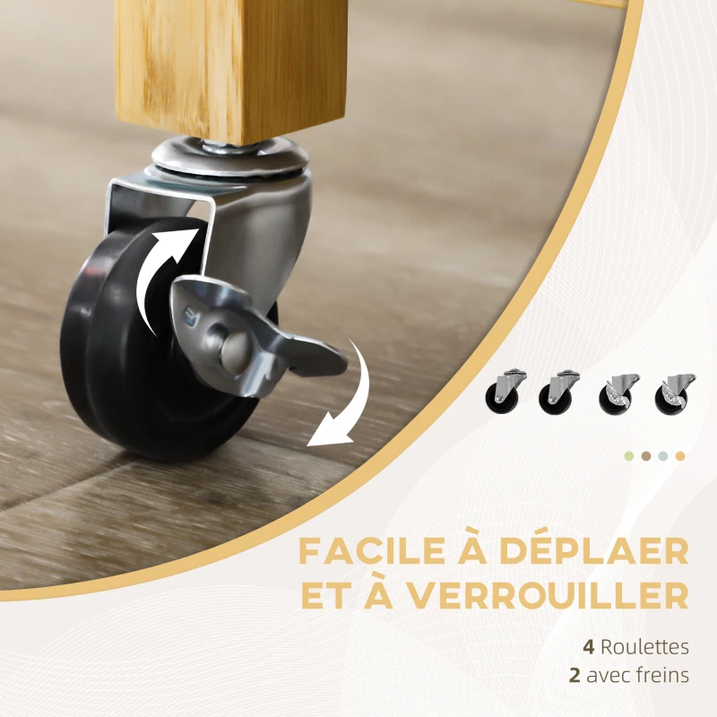 HOMCOM Desserte de cuisine à roulettes chariot de service meuble de rangement pour cuisine en bambou 2 tiroirs 83 x 45 x 96 cm