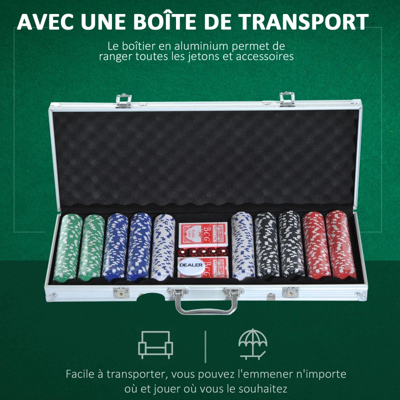 HOMCOM Mallette de Poker Coffret de Poker Complet avec 500 jetons 2 Jeux de Cartes + 5 dés Bouton Dealer 2 clés alu.