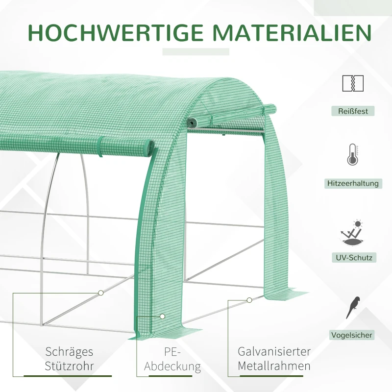 Outsunny Foliengewächshaus Polytunnel 6 x 3 x 2 m begehbares Gewächshaus mit aufrollbar Abdeckungen Folientunnel Treibhaus UV-Schutz Stahlrohr Grün