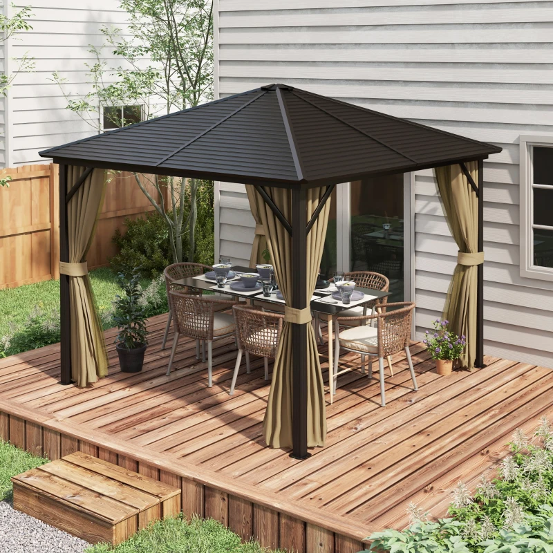 Outsunny 3 x 3(m) Metal Hardtop Gazebo, with Curtains and Accessories - Brown