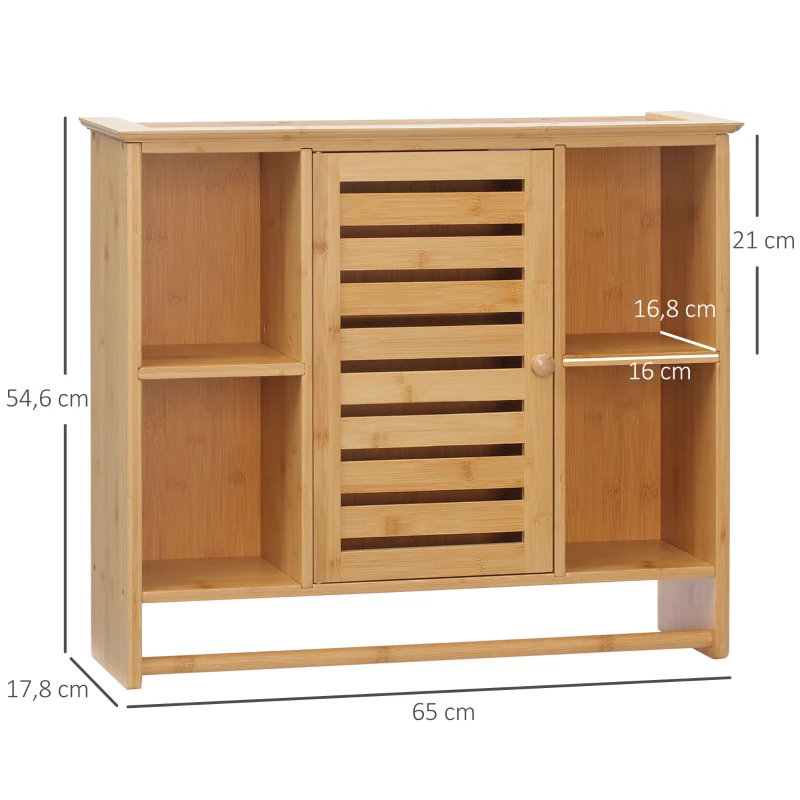 kleankin Armario de Pared de Bambú Mueble Colgante de Baño con 4 Compartimientos y Toallero 65x17,8x54,6 cm Natural