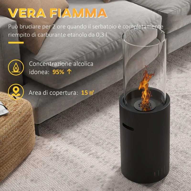 HOMCOM Camino a Bioetanolo in Acciaio e Vetro con Capacità 0.3L e Copertura 15㎡, 27x27x82 cm, Nero