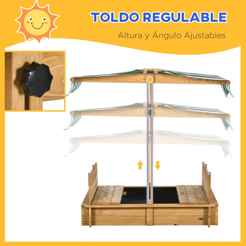 Outsunny Arenero Infantil con Toldo Ajustable en Altura 2 Bancos y Respaldos Desmontables para Patio 106x106x115 cm Natural