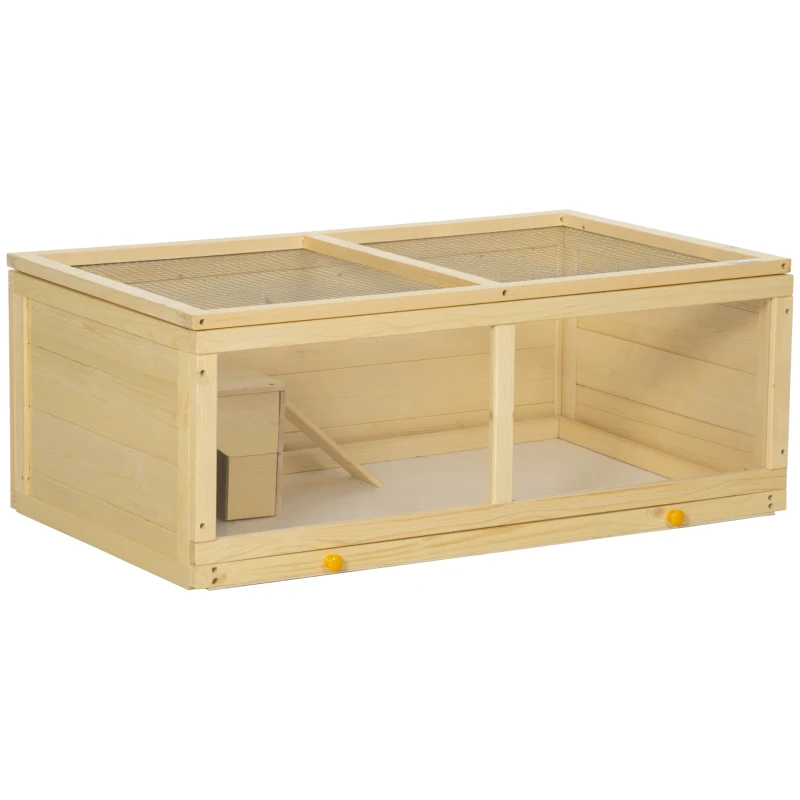 PawHut Jaula para Hámster de Madera con Techo Abatible Panel de Acrílico Bandeja Extraíble y Cabaña 100x58x38 cm Natural