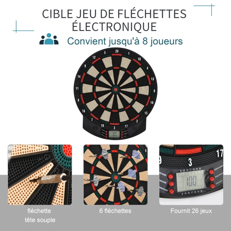 HOMCOM Cible jeu de fléchettes électronique 26 Jeu principals et 185 jeux variations cibles électroniques pour 8 joueurs 30 flechette pointe affichage LCD haut-parleur noir