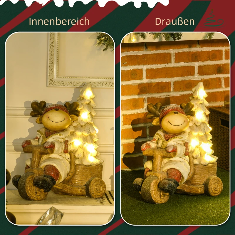 HOMCOM Weihnachtsdeko, Rentier mit Weihnachtsbaum, warme LED-Beleuchtung, Batteriebetrieb, In- und Outdoor, 44 cm