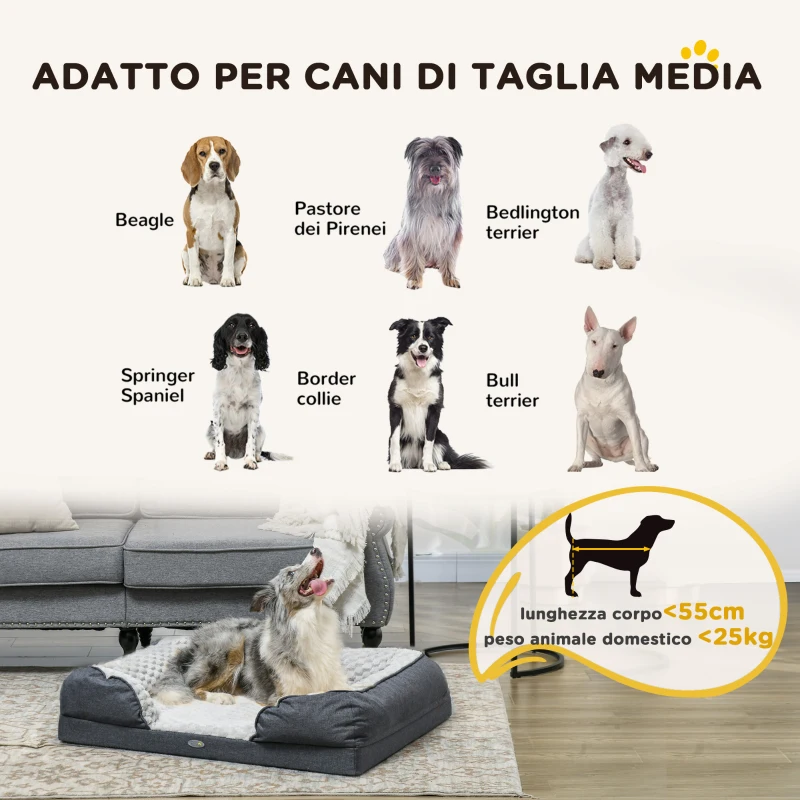 PawHut Lettino per Cani Taglia Media Imbottito con Cuscino Rimovibile Lavabile, 90x69x21cm, Grigio Carbone