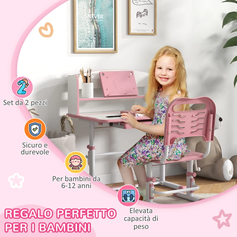 ZONEKIZ Set Scrivania per Bambini con Sedia Regolabile in Altezza e Piano Inclinabile, Età 6-12 Anni, Rosa