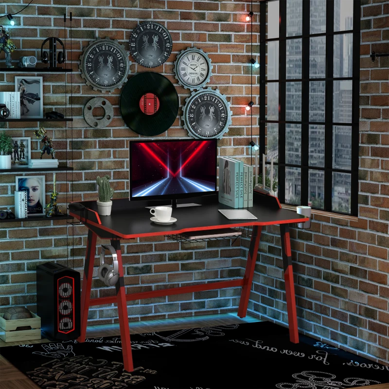 HOMCOM Gaming Desk Computer Table Stable Steel Frame with Cup Holder Headphone Hook, Cable Basket, Black