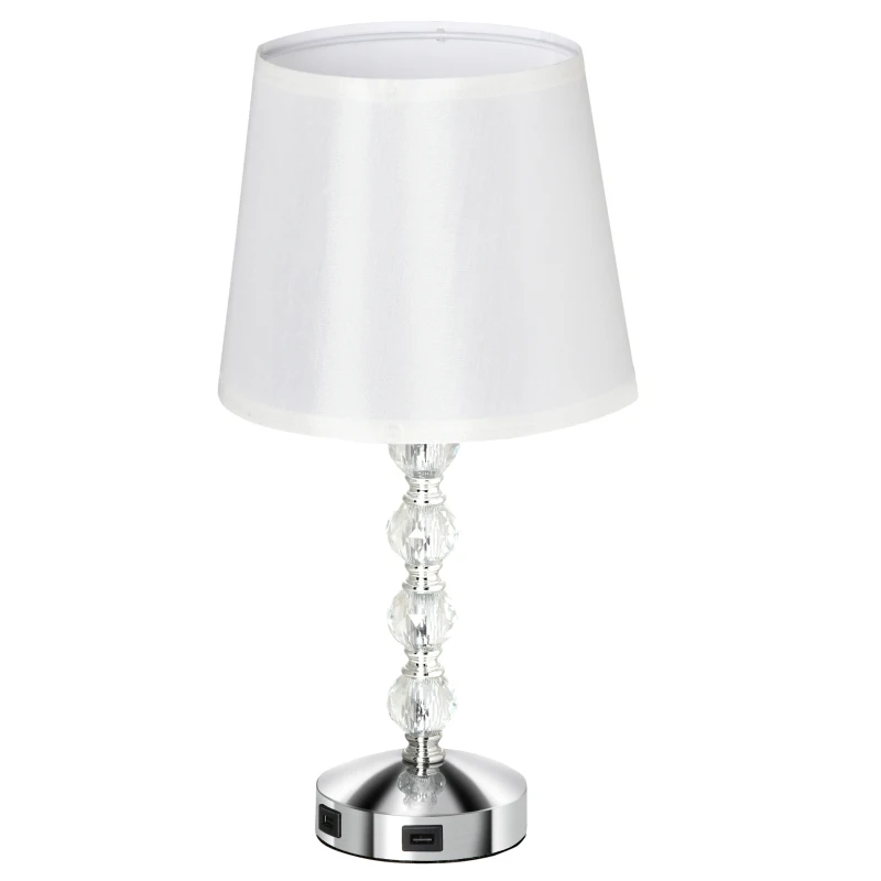 HOMCOM Lampada da Tavolo con Cristalli e 2 Prese USB, Interruttore Touch e Attacco E27, Ф23x45cm, Bianco e Argento