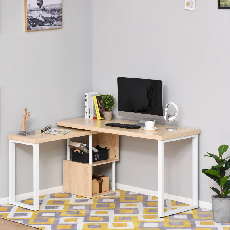 HOMCOM 360° Rotating Corner Desk L-Shaped Dining Table with Storage Shelf Workstation Writing Table Home Office Oak Tone