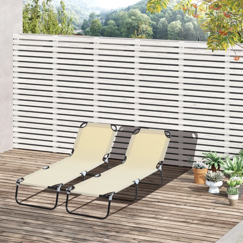 Outsunny 2 Piece Foldable Sun Loungers with 5-Position Adjustable Backrest, Outdoor Portable Recliner Chaise Lounge Chairs with Breathable Mesh Fabric, Beige