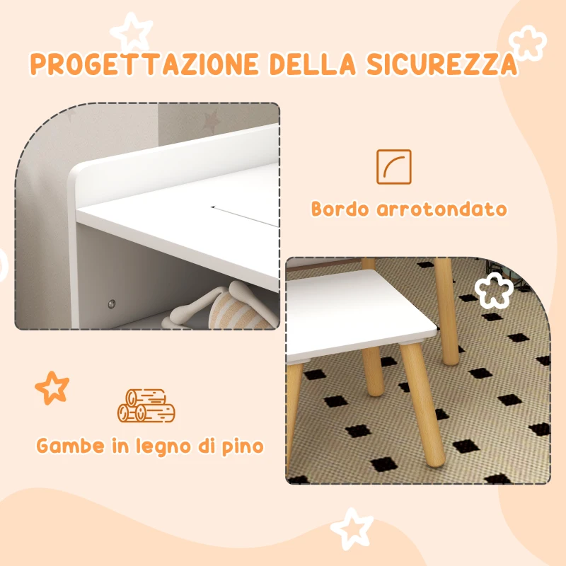 HOMCOM  Set Tavolino per Bambini con Sgabello, Banchetto con Piano Reversibile e Rotolo di Carta, Bianco