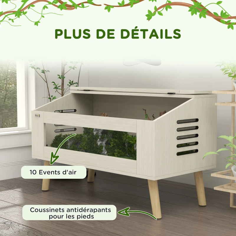 PawHut Terrarium pour reptiles, vivarium pour serpents 140L avec fenêtres en verre trempé, couvercle, 100 x 50 x 60 cm