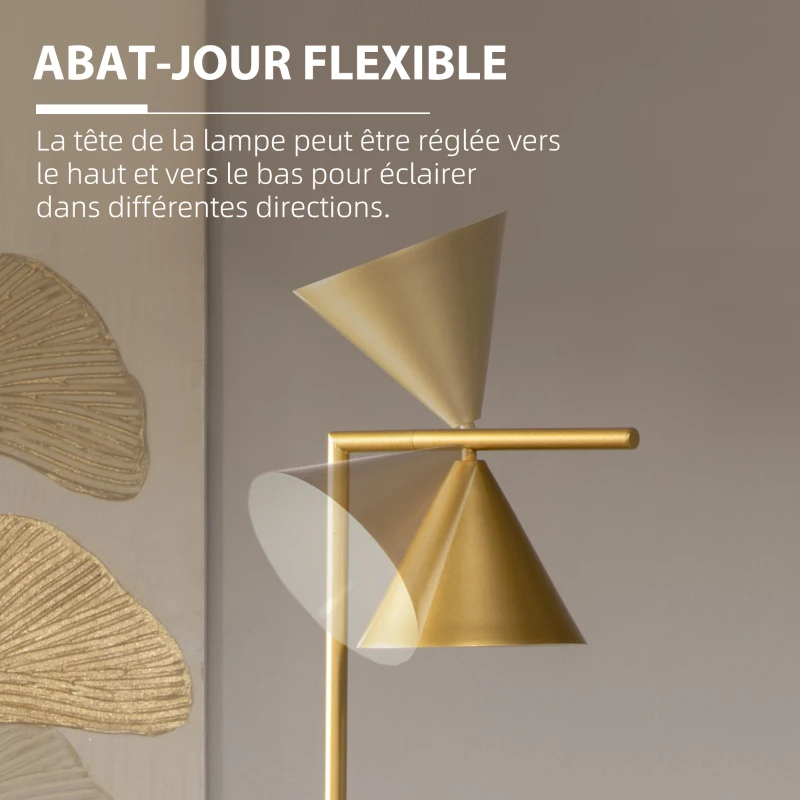 HOMCOM Lampadaire sur pied salon en acier avec abat-jour conique orientable base marbre 40W 35 x 26 x 153 cm doré