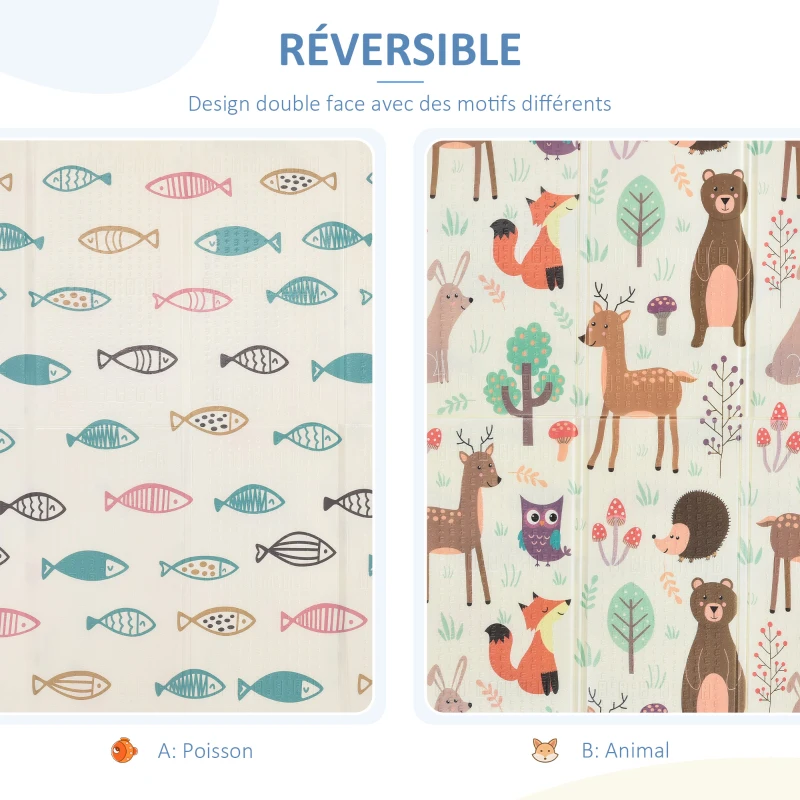 HOMCOM Tapis de Jeu Enfant Pliable antidérapant - Tapis de Sol Enfant Double Face Motifs Poissons ou Animaux de la forêt - dim. 200L x 150l cm - Sac Transport Inclus - XPE Beige