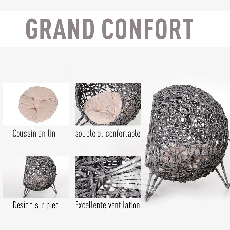 PawHut Panier chat lit surélevé chat cosy niche grotte grand confort dim. Ø 52 x 58H cm coussin moelleux inclus résine tressée imitation rotin gris