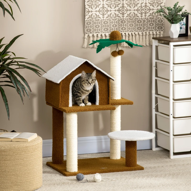 PawHut Árbol Rascador para Gatos con Caseta Plataformas Poste en Forma de Palmera y Bolas Colgantes 55x40x89 cm Marrón