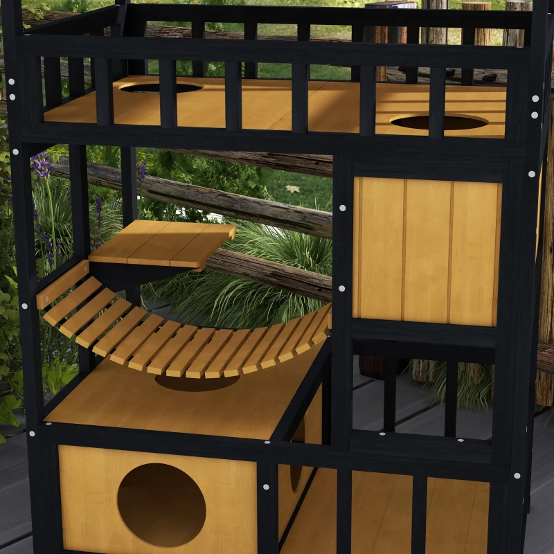 PawHut Katzenhaus, Katzenparadies mit Plattformen, Hängebrücke und Katzenhöhlen, für bis zu 2 Katzen geeignet, Holz(m-8)