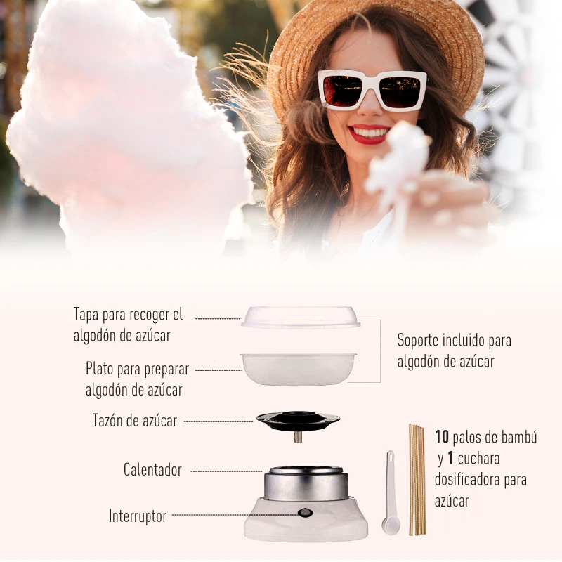HOMCOM Máquina de Algodón de Azúcar de Uso doméstico de Polipropileno Acero Inox. y Aluminio 450W-550W 27x26x18cm Blanco
