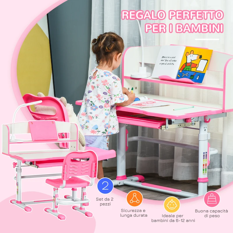 HOMCOM Banco Scuola per Bambini 6-12 Anni Regolabile con Luce LED, Leggio e Portapenne, in MDF, PP e Acciaio, Rosa
