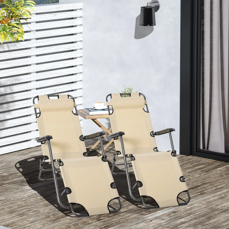 Outsunny 2 in 1 Folding Sun Lounger Reclining Garden Chair Set of 2 with 2-Level Adjustable Backrest, Outdoor Zero Gravity Recliner Garden Chairs with Head Pillow and Armrests, Beige