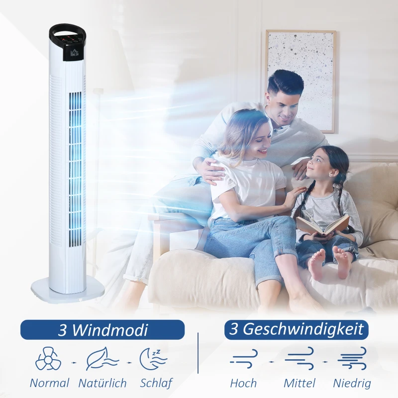 HOMCOM Turmventilator mit Fernsteuerung 70° Oszillierender Standventilator 78,5cm Säulenventilator 50 W 3 Modi & 3 Geschwindigkeiten Schwarz+Weiß