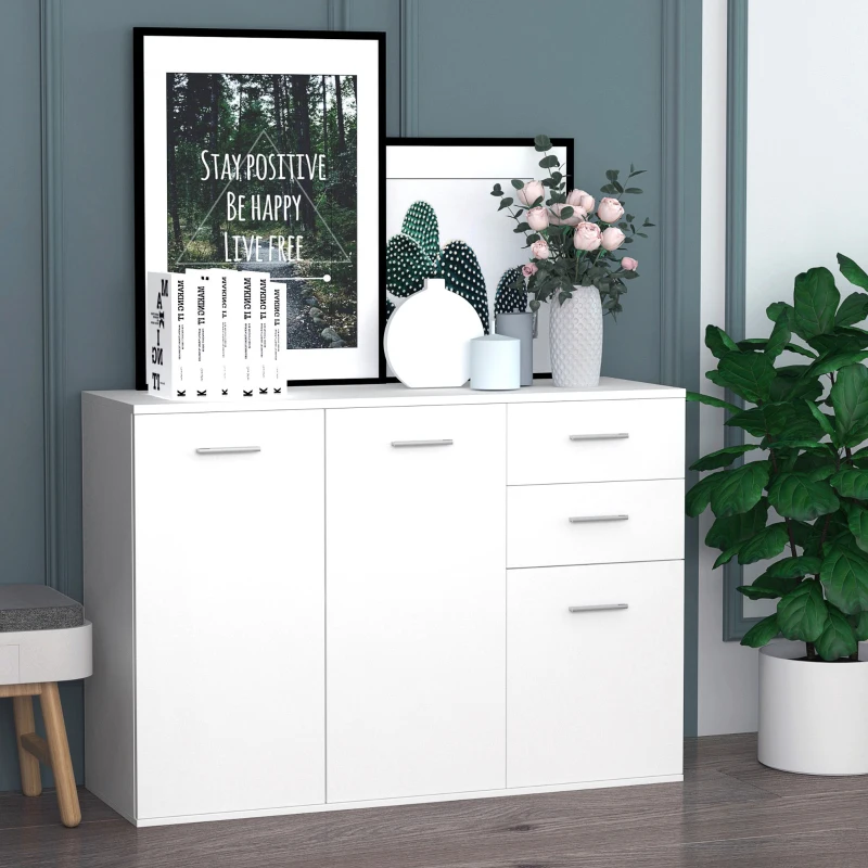 HOMCOM Armario de Cocina con 2 Puertas Buffet de Salón Moderno con 2 Cajones Estante Ajustable 106x35x76cm Blanco Brillante(m-2)