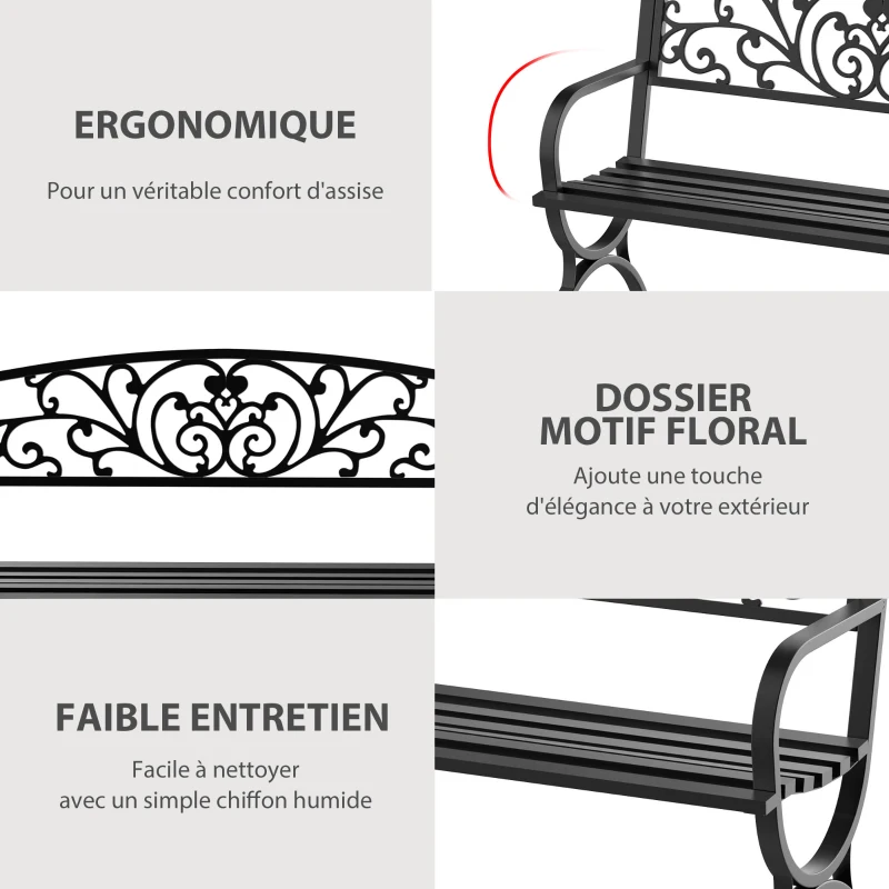 Outsunny Banc de jardin terrasse en acier fonte noir 3 places 127 x 60 x 85 cm charge max 240 Kg