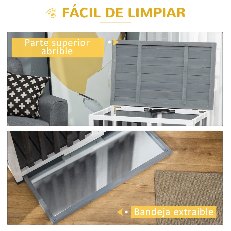 PawHut Jaula para Perros Plegable Mueble Perrera de Madera con Techo Abatible y Bandeja Extraíble 84,5x51,4x61 cm Gris