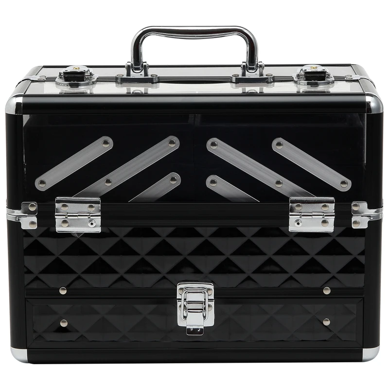 HOMCOM Maletín de Maquillaje Bisutería Organizador Cosméticos Portátil Múltiples Niveles Con Asa y Bandejas Desplegables Aleación de Aluminio 30x18,5x22 cm Transparente y Negro