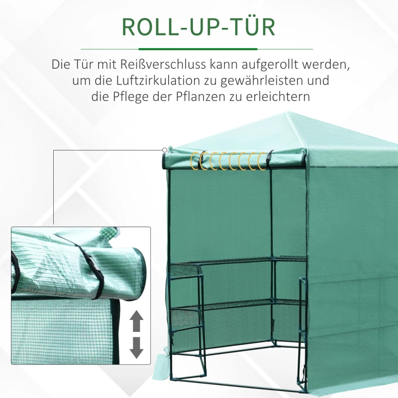 Outsunny Gewächshaus Treibhaus mit Regalböden, Reißverschluss Tomatenhaus Pflanzenhaus Frühbeet, Metallrahmen, 228 x 196 x 215 cm, Grün