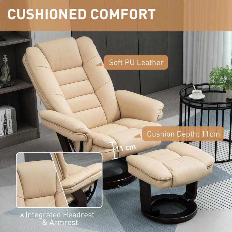 HOMCOM Faux Leather 135° Reclining Chair and Footstool - Beige