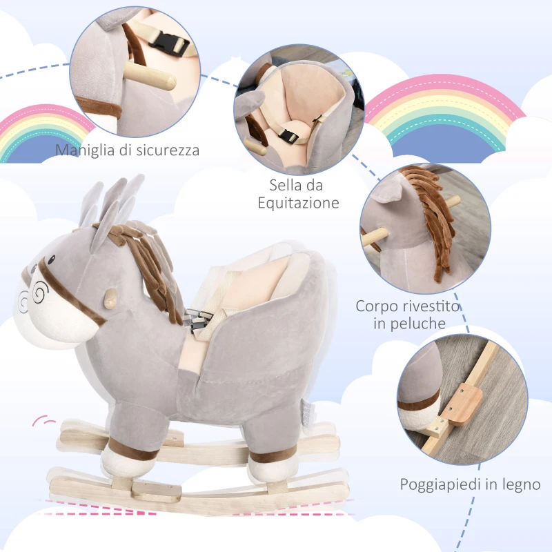 HOMCOM Cavallo a Dondolo per Bambini 18-36 Mesi, Cavalluccio a Dondolo a Forma di Asino con Suoni Realistici in Legno di Pioppo e Peluche, Grigio