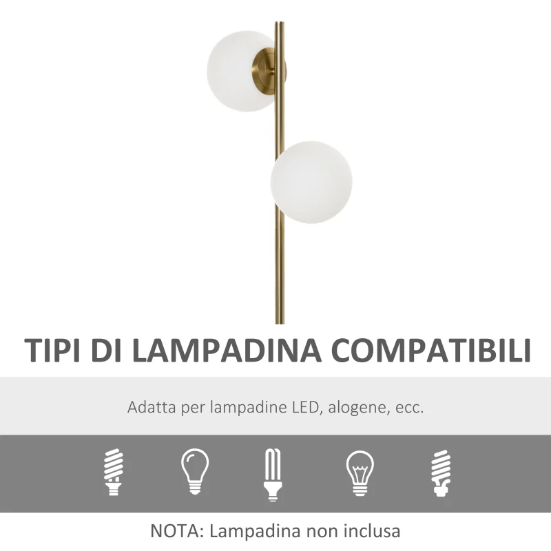 HOMCOM Lampada da Terra con 2 Paralumi a Sfera e Interruttore a Pedale, 35x35x165cm, Oro e Bianco