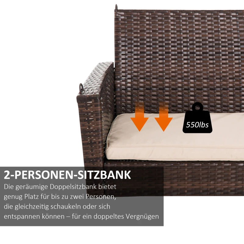Outsunny Hängebank 2-Sitzer Rattan Gartenschaukel mit Sitzkissen Hängeschaukel Hollywoodschaukel Schaukelbank Gartenbank Braun 127 x 65 x 60 cm