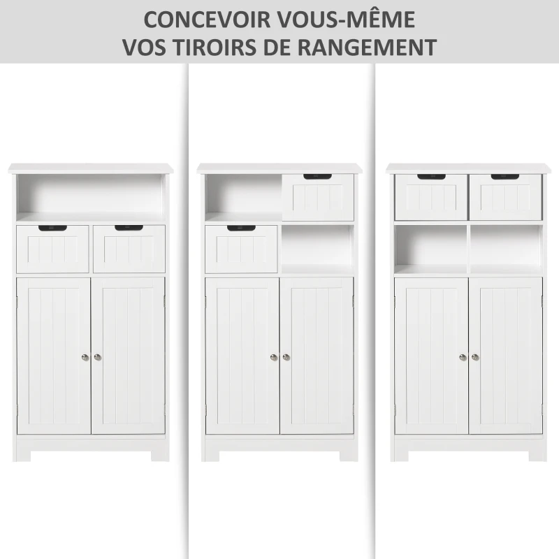 kleankin Meuble de salle de bain, meuble de rangement avec 2 tiroirs, niche, placard avec porte, étagère réglable, armoire de salle de bain, cuisine, salon, 60 x 30 x 109 cm, blanc