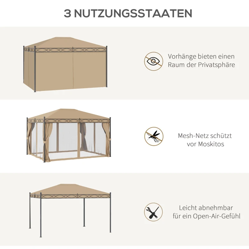 Outsunny Pavillon Gartenpavillon 3x4 m Gartenzelt Festzelt Partyzelt mit 4 x Seitenwände Moskitonetz Metall Polyester Beige