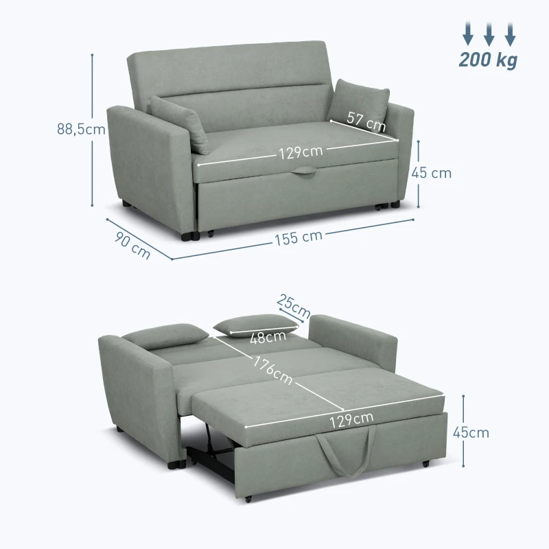 HOMCOM 2-Sitzer Sofa mit Bettfunktion, Verstellbarer Rückenlehne, Polstersofa, Samtoptik, für Wohnzimmer, Schlafzimmer, Hellgrau(m-3)