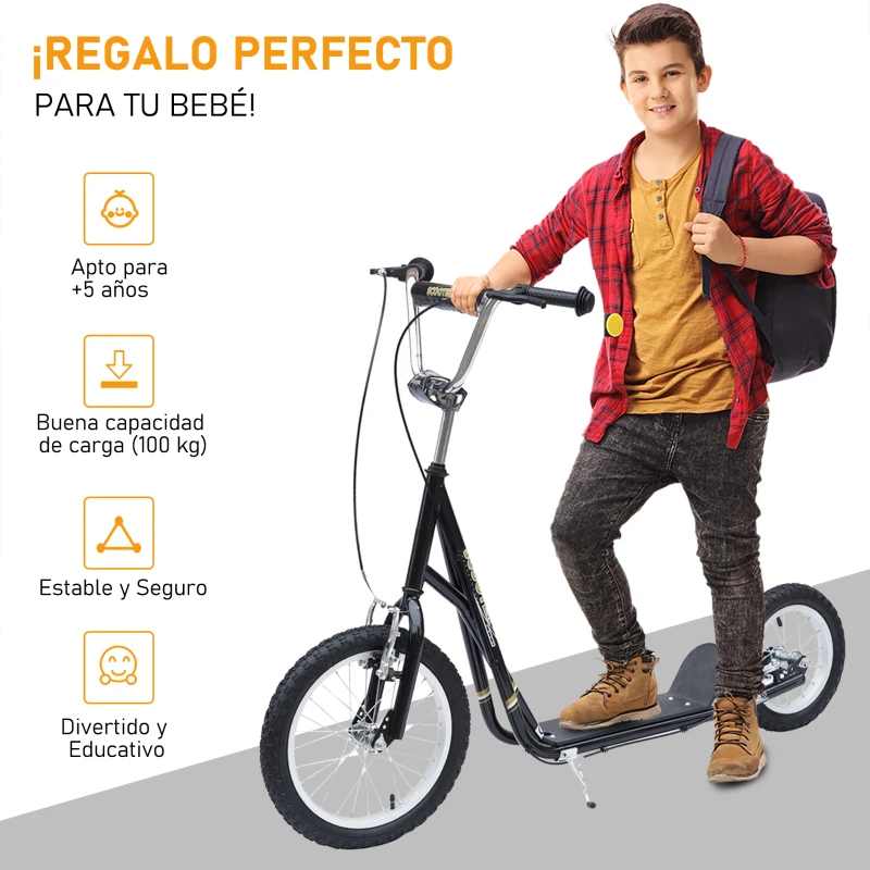 HOMCOM Patinete para Niños Mayores de 5 Años Scooter de 2 Ruedas Grandes con Doble Freno y Manillar Ajustable en Altura para Adolescentes Adultos 135x58x92-100 cm Negro