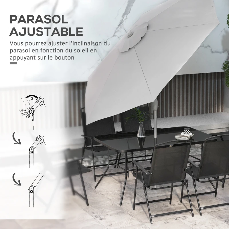 Outsunny Ensemble salon de jardin 8 pièces avec grand parasol, table et chaises pliantes métal époxy textilène polyester noir