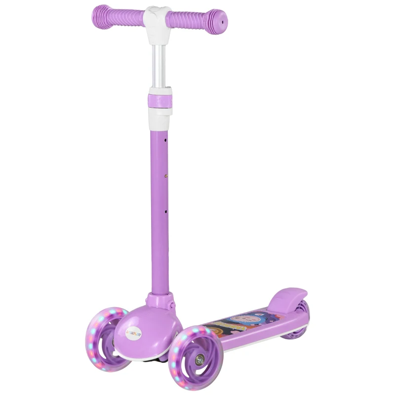 AIYAPLAY Kids 3 Wheel Scooter for 2-6 Years Old w/ Adjustable Height, LED Light, TPE Handlebar, Purple