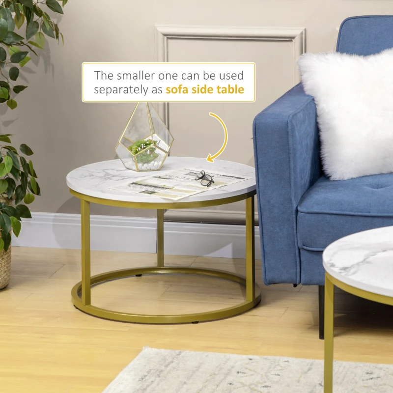 HOMCOM Coffee Table Set of 2, Round Nest of Tables with Metal Frame, Modern Side Tables for Living Room, White