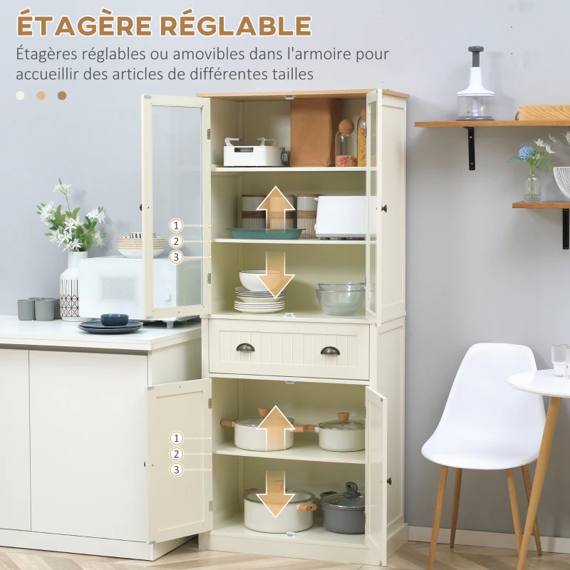 HOMCOM Buffet meuble cuisine rangement armoire de cuisine 4 portes dont 2 portes vitrées et 1 tiroir hauteur 182,5 cm avec étagères réglables - beige(m-6)