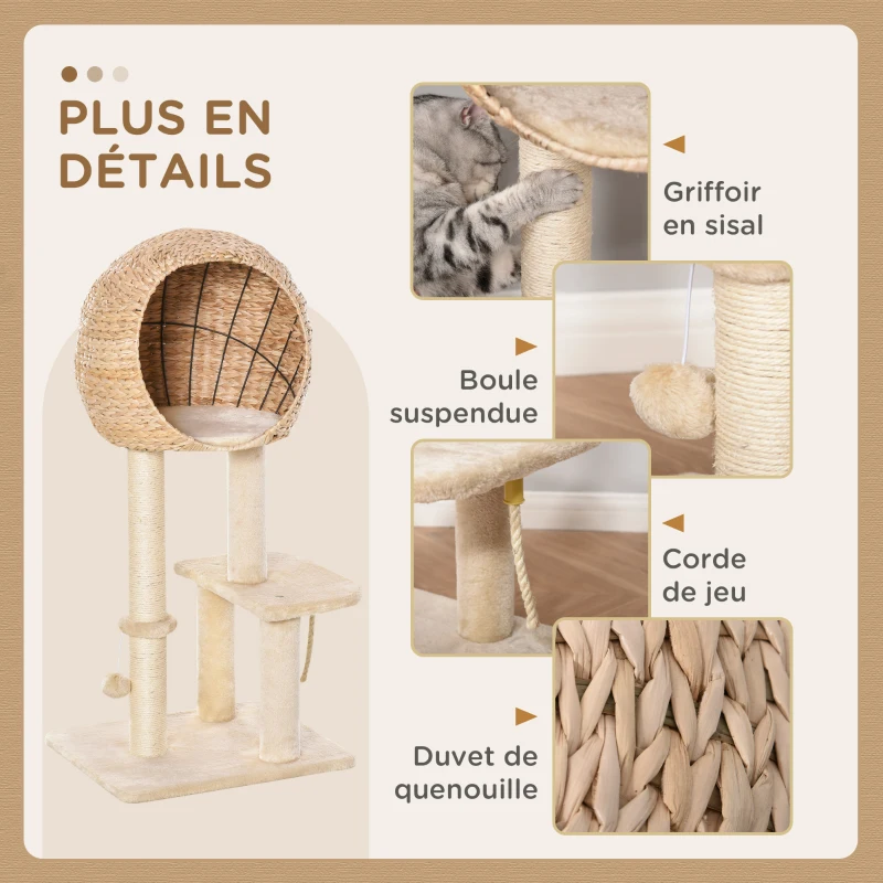 PawHut Arbre à chats style cosy chic griffoir sisal naturel grande niche plateformes jeu boule corde escalade peluche courte massette 48 x 40 x 100 cm beige