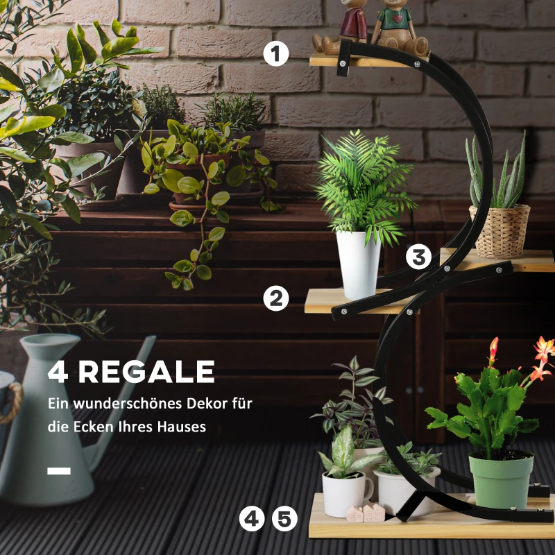 Outsunny Pflanzenständer mit 4 Regalen, Massivholz, wetterbeständig, 46 cm x 25 cm x 91 cm, Schwarz + Natur