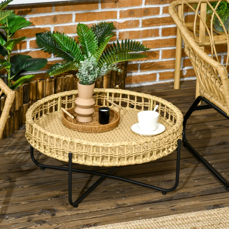 Outsunny Table basse de jardin ronde avec plateau en résine tressée aspect rotin et piètement en métal noir - 68 x 68 x 30 cm